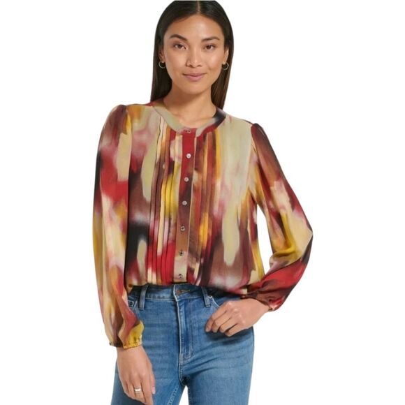 Calvin Klein Blouse Pleated Button Cranberry Multicolored Size 2X - Picture 1 of 9